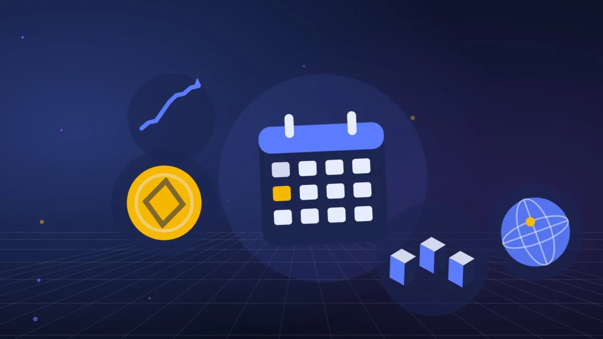 Calendar pages, stacked blocks and coins beside a rising line and a globe