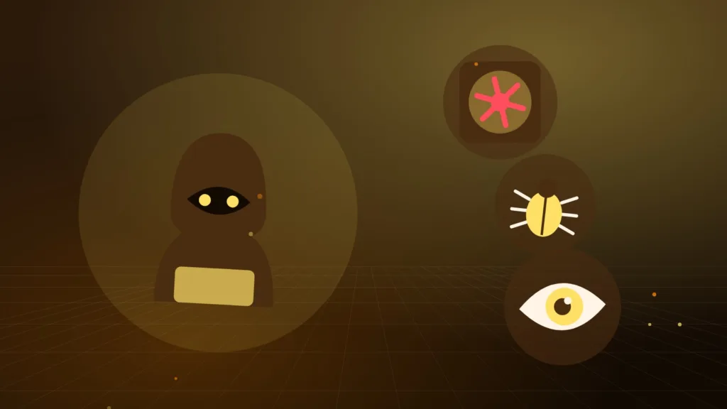 A hooded figure beside an open vault door, a bug and an eye