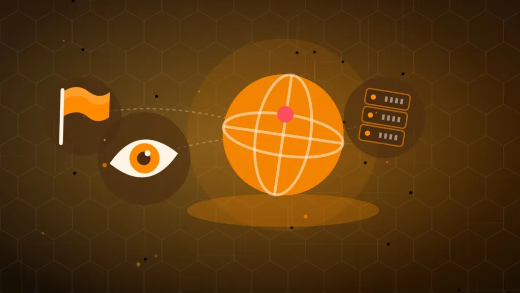A globe watched by a large eye beside a server rack and a flag