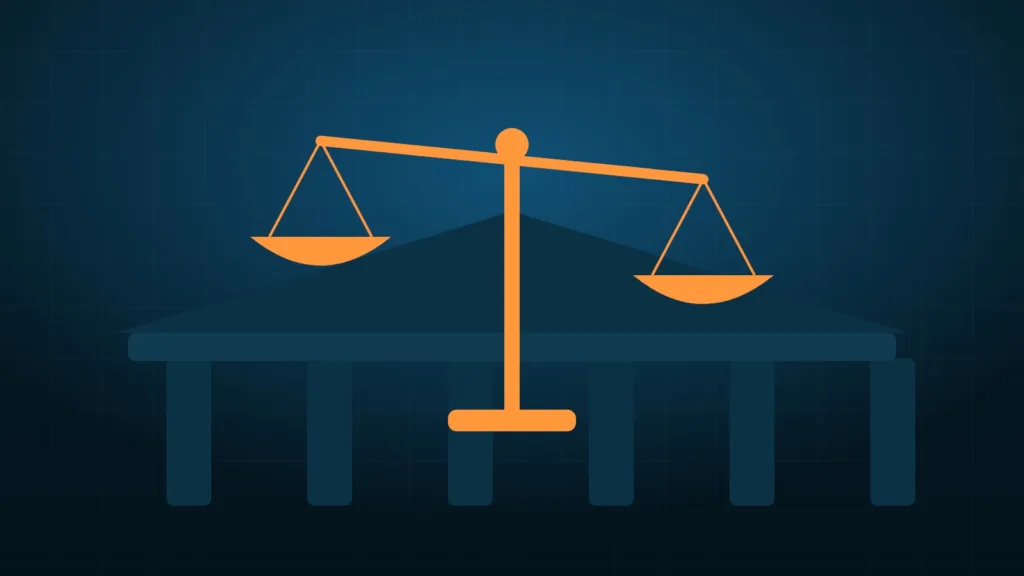 Abstract balance scales weighing two blocks, symbolising separate UK and EU crypto rules