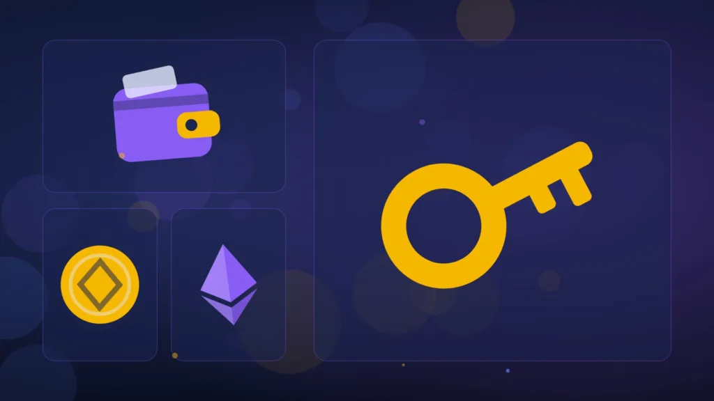 Illustration d'une clé, d'un portefeuille, d'une pièce et d'un diamant
