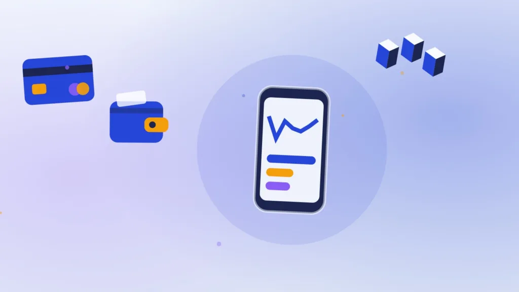 Abstract smartphone beside a wallet, stacked blocks and a merchant payment card