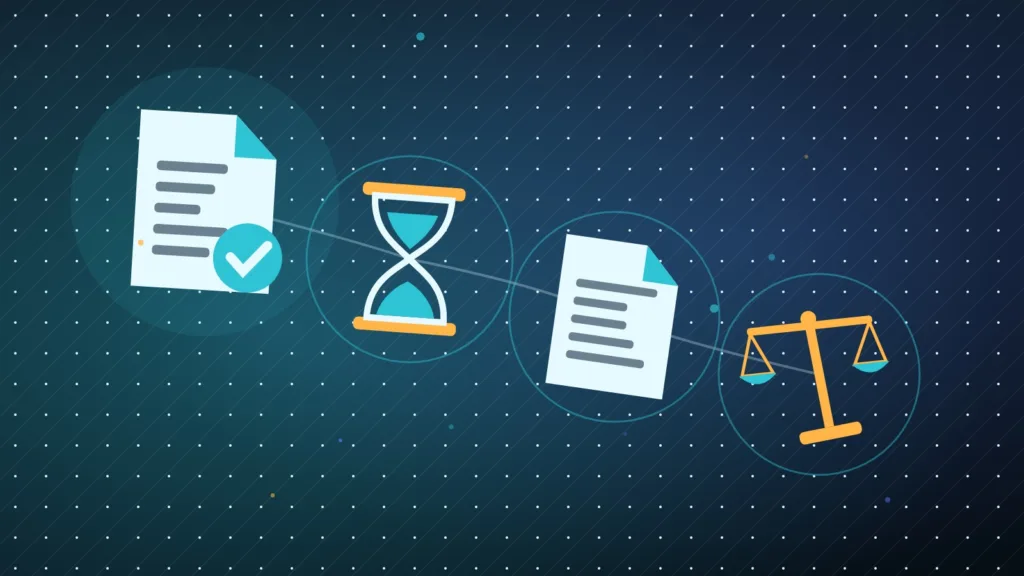 Abstract contract next to an hourglass, a document and balanced scales