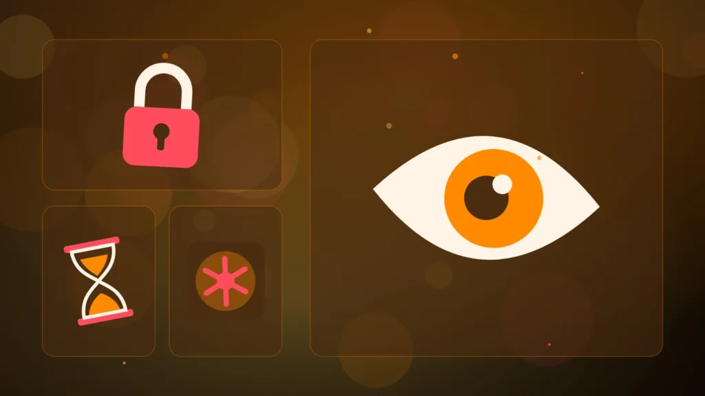 Watching eye above a padlock, an hourglass and a closed vault door