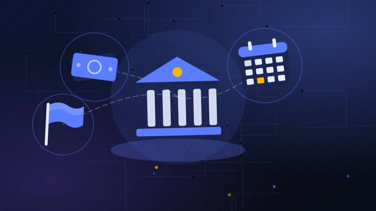 Bâtiment de banque stylisé avec un billet en euro, un calendrier et un drapeau
