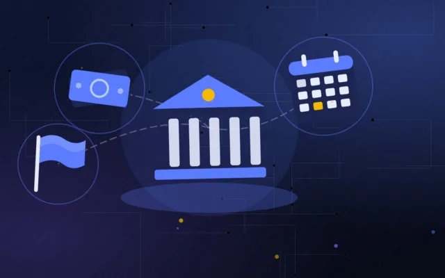 Bâtiment de banque stylisé avec un billet en euro, un calendrier et un drapeau