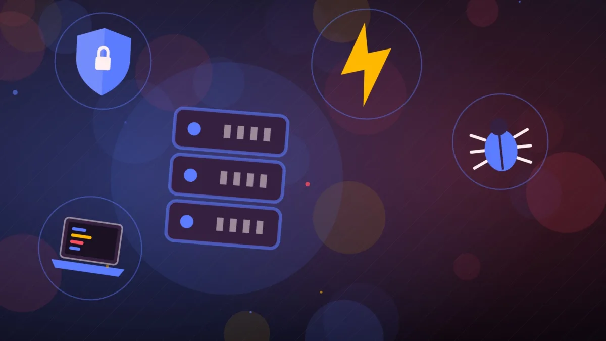 Server astratto con un bug, un fulmine, un portatile e uno scudo
