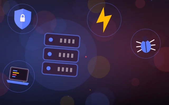 Abstract server rack with a bug, a lightning bolt, a laptop and a shield