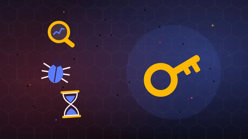 Abstract key under a magnifying glass beside a small bug and an hourglass