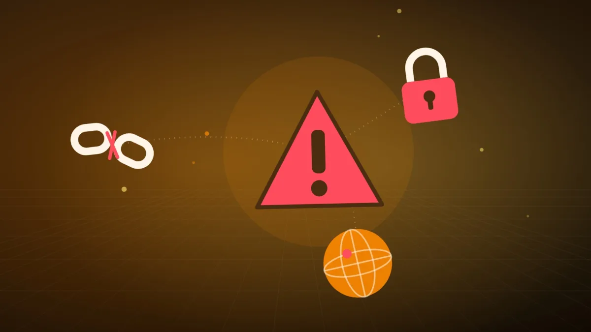 Abstract warning sign over a broken chain, a padlock and a globe