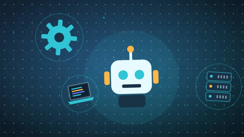 Abstract robot next to a server rack, a laptop and a turning gear