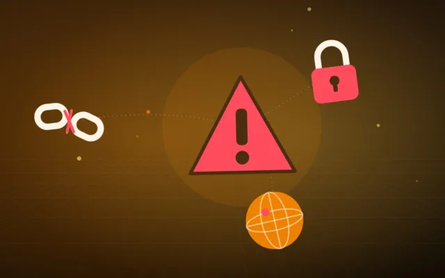 Panneau d’alerte abstrait au-dessus d’une chaîne brisée, d’un cadenas et d’un globe