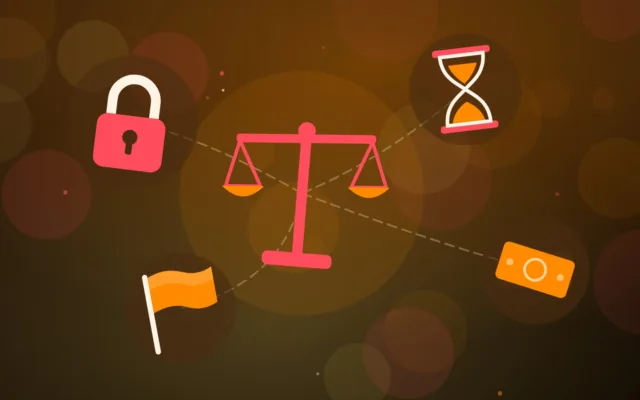 Illustration d'une balance de justice, d'un sablier, de billets, d'un drapeau et d'un cadenas