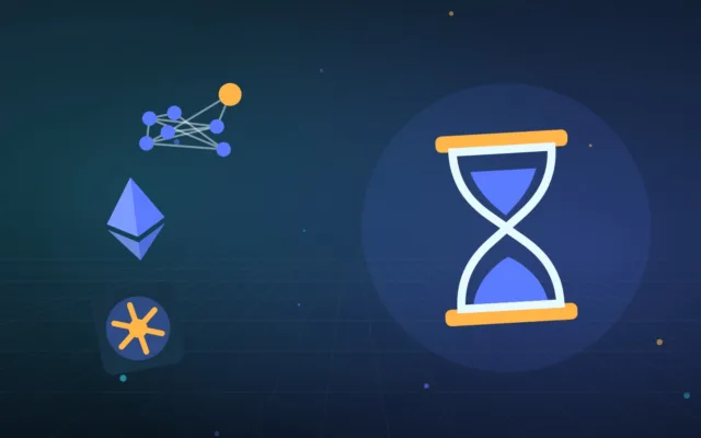 Abstract hourglass beside connected nodes, a faceted diamond and a closed vault door