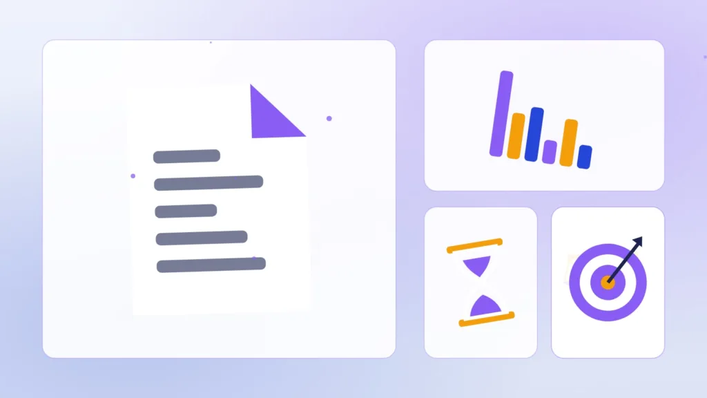 Abstract document beside a bar chart, an hourglass, balanced scales and a target