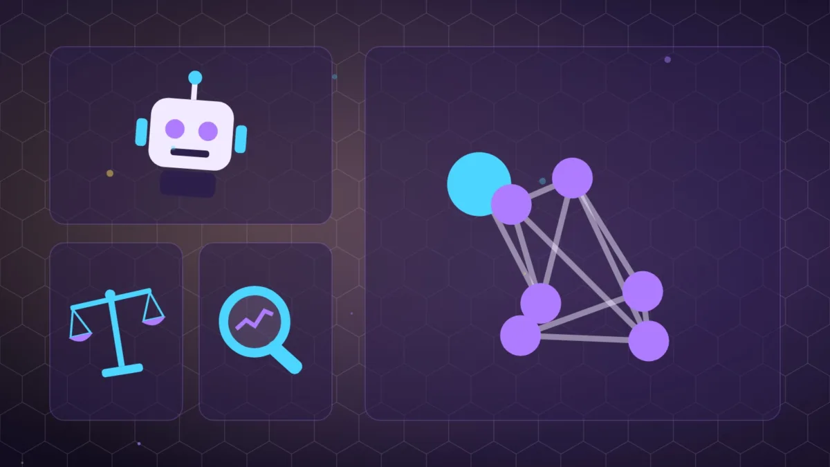 Abstract connected nodes beside a robot, a pair of scales and a magnifying glass