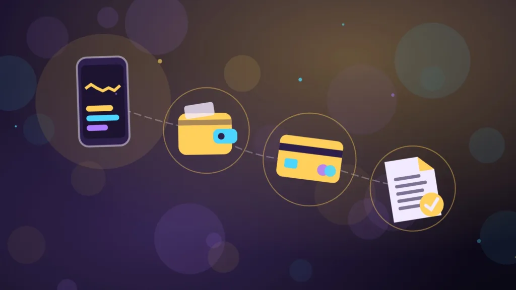 Abstract smartphone and wallet beside a payment card and a signed document