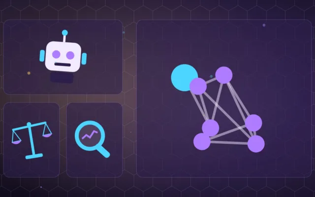 Abstract connected nodes beside a robot, a pair of scales and a magnifying glass