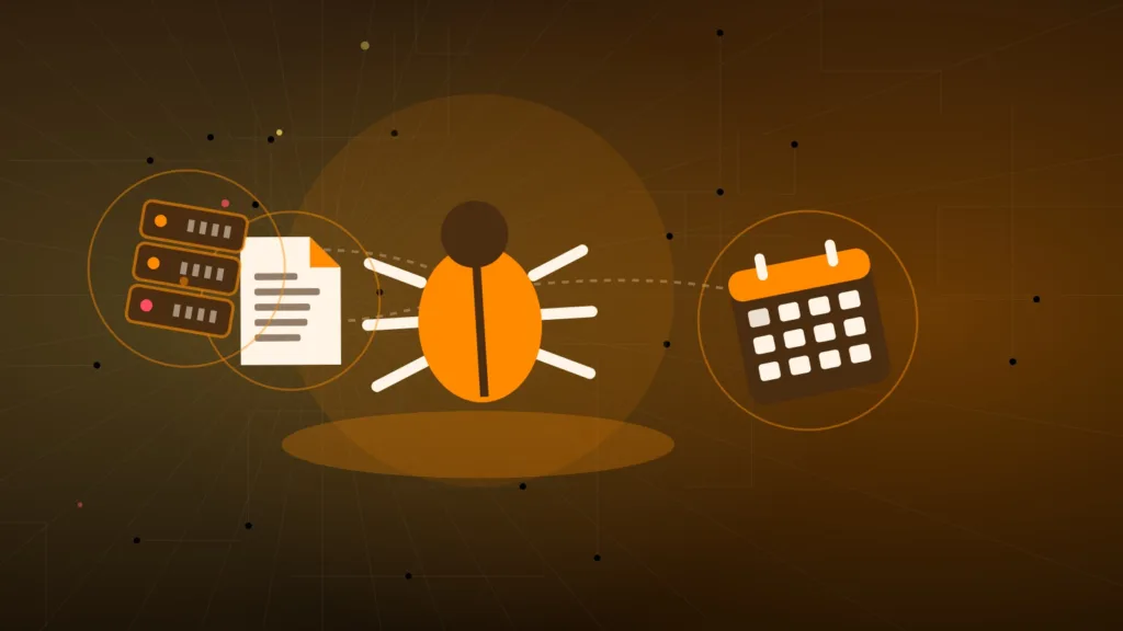 Insetto astratto accanto a un documento, un calendario e un rack di server