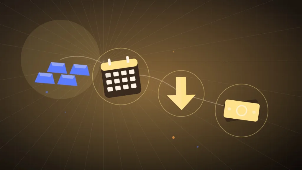 Gold bars beside a calendar page and a falling arrow above banknotes