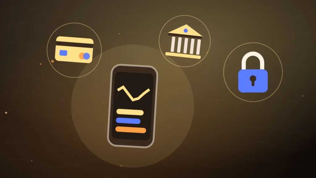 A smartphone and a payment card in front of a bank building with a padlock