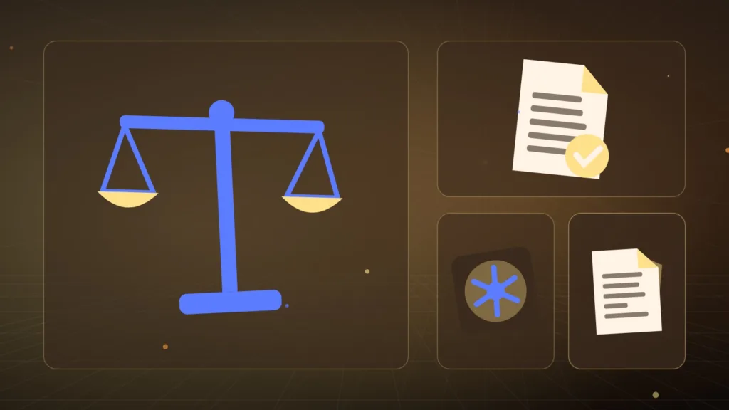 Abstract scales beside a signed document, a vault door and a protective shield