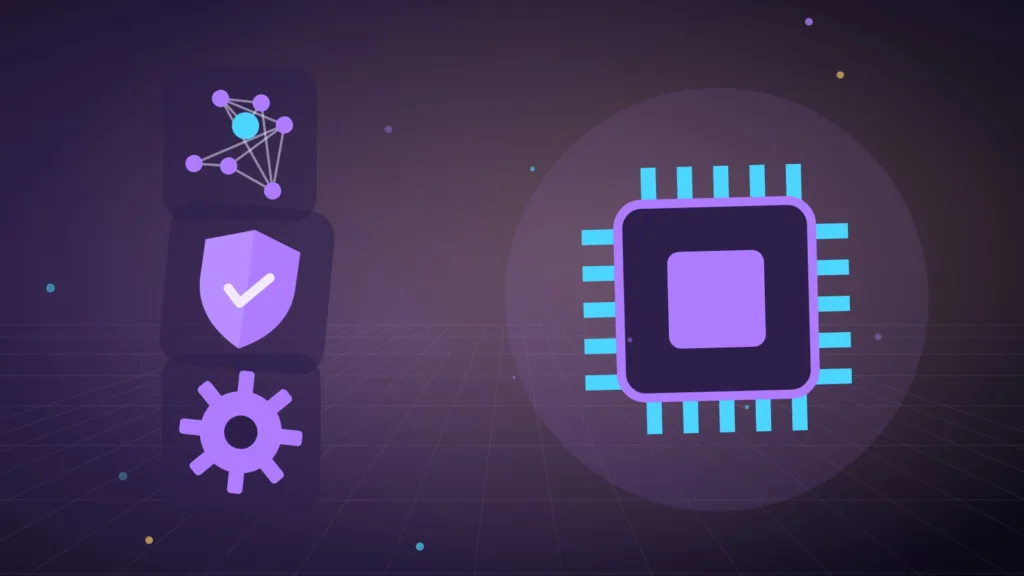 A computer chip linked to network nodes beside a shield and a gear
