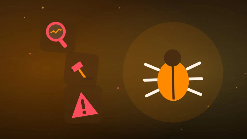 A software bug under a magnifying glass next to a gavel and warning sign