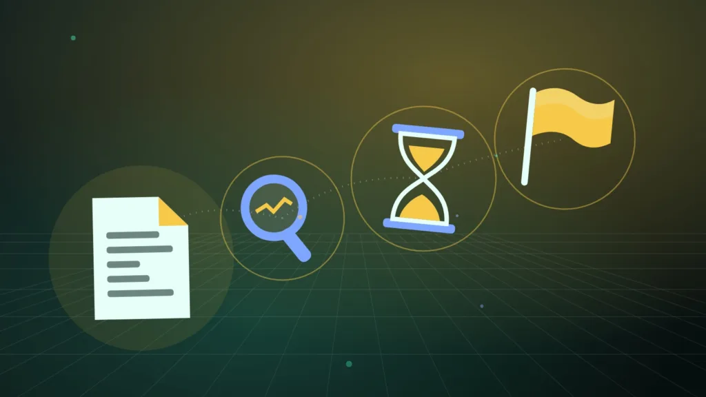 Abstract document under a magnifying glass beside an hourglass and a plain flag