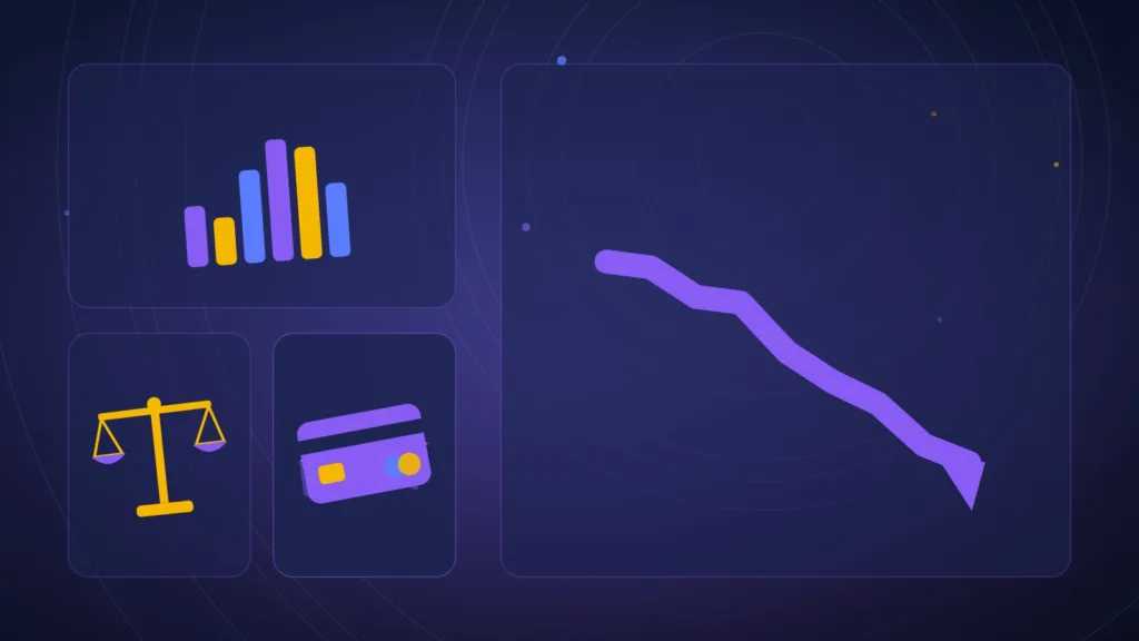 Abstract falling line over bar charts, scales, stacked blocks and a payment card