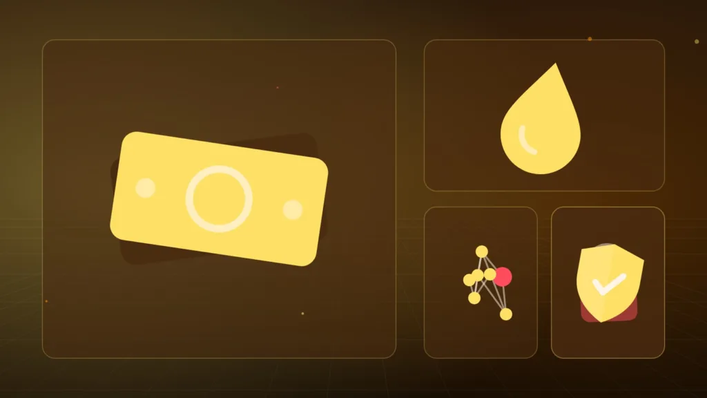 Banknotes and a liquid drop beside connected nodes, a padlock and a shield