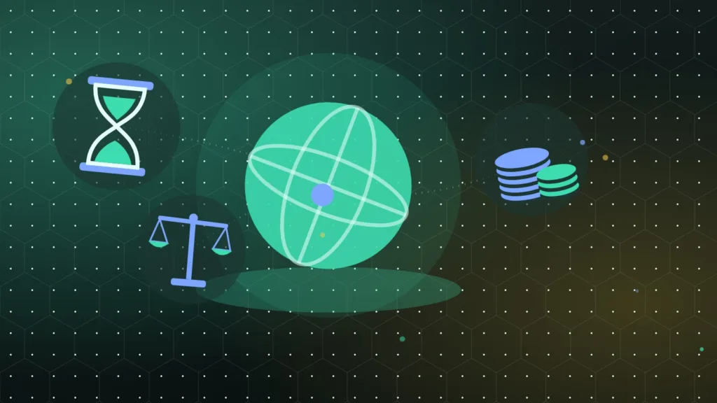 Illustration d'un globe et d'une balance de justice près de piles de pièces et d'un sablier