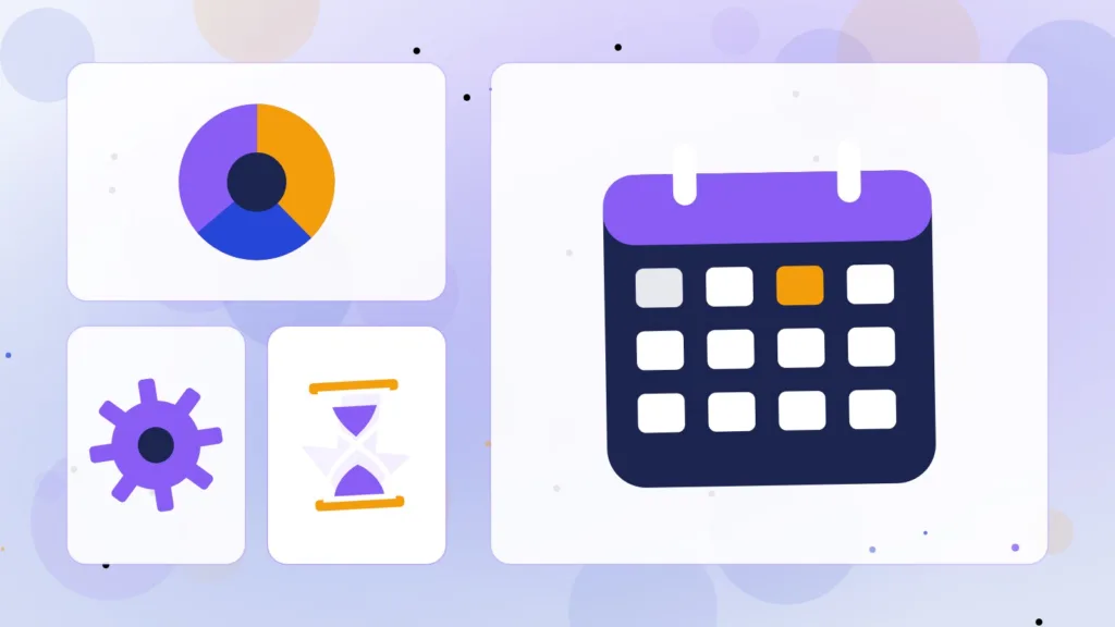 Abstract calendar beside a pie chart, a gear, a downward arrow and an hourglass