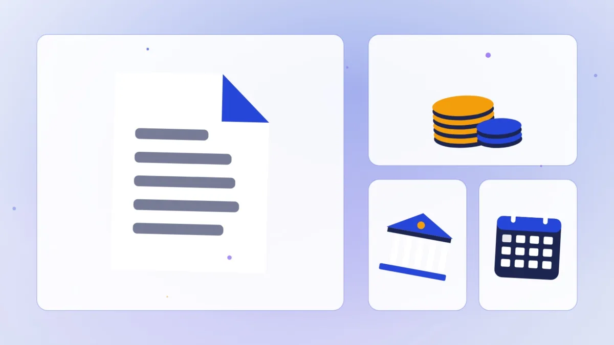 Abstract document and stacked coins beside a bank building and a calendar