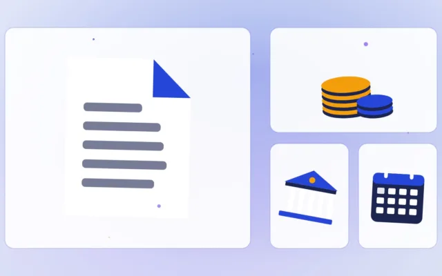 Abstract document and stacked coins beside a bank building and a calendar
