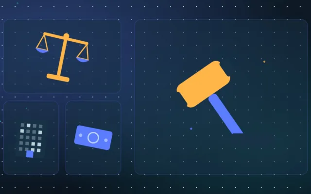 Illustration d'un marteau de juge, d'une balance de la justice et d'une tour de bureaux près de billets