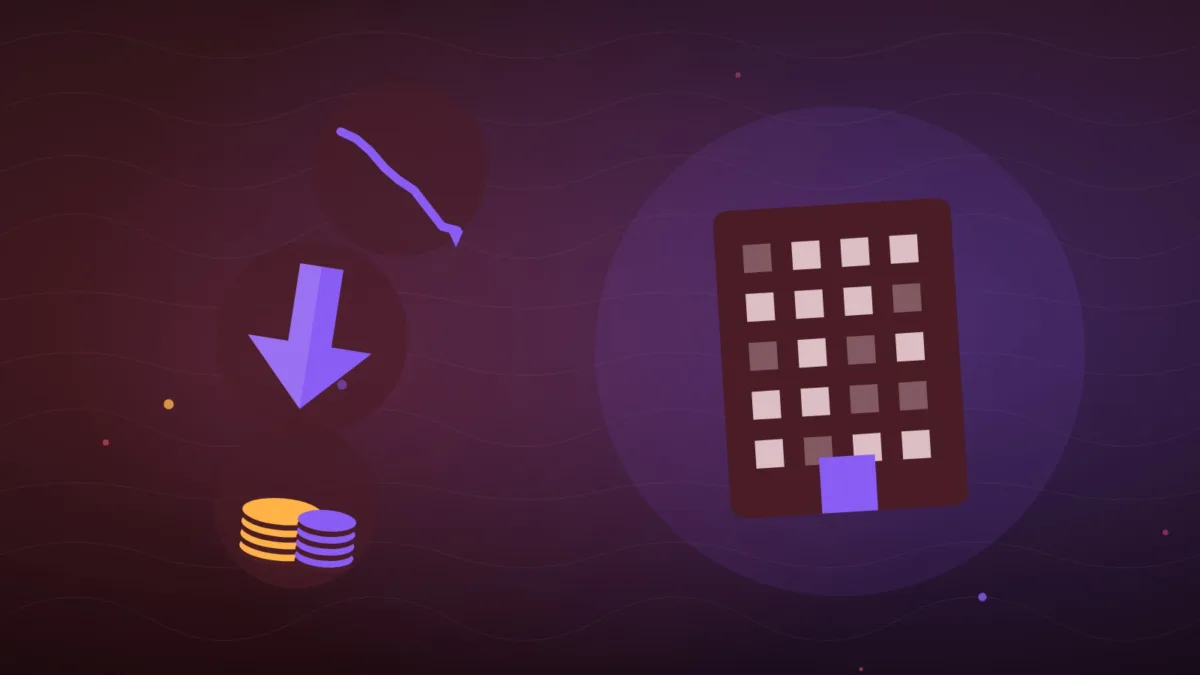 Abstract falling price line over a dark trading floor with fading exchange tiles