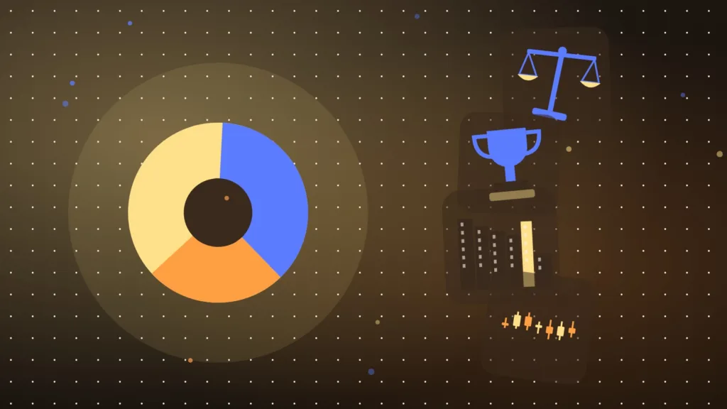 Abstract pie chart, balance scales and trophy before a city skyline