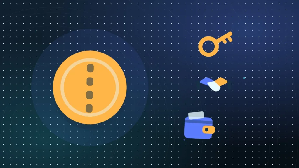 A coin passing between two keys, with a handshake and an open wallet