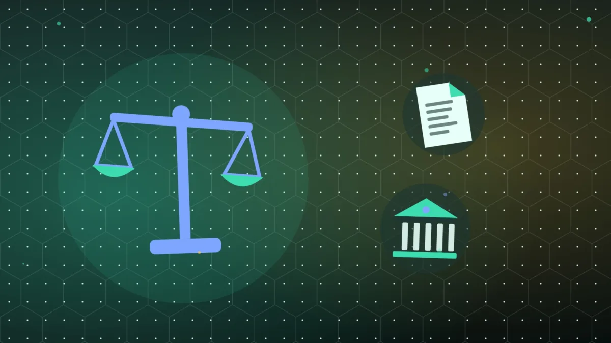 Abstract scales of justice above a document and a bank building, neutral tones