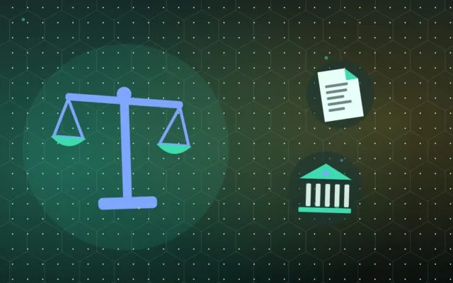 Balance de la justice stylisée au-dessus d’un document et d’une banque, tons neutres