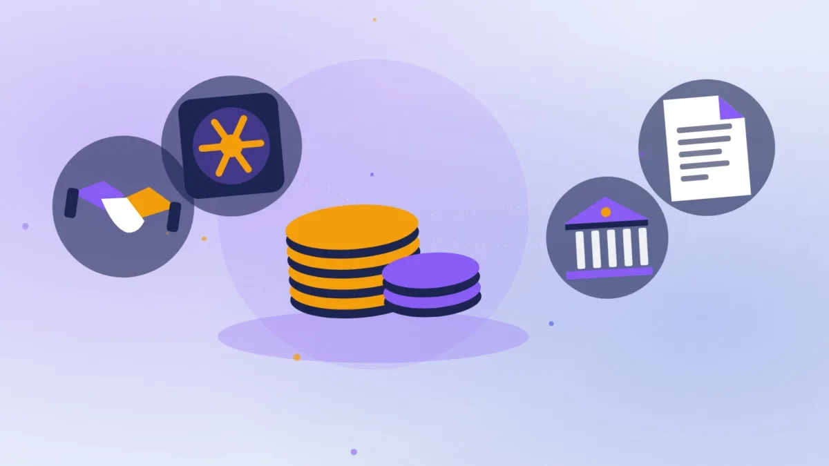 Stacked coins beside an open vault, a bank building and a handshake over documents