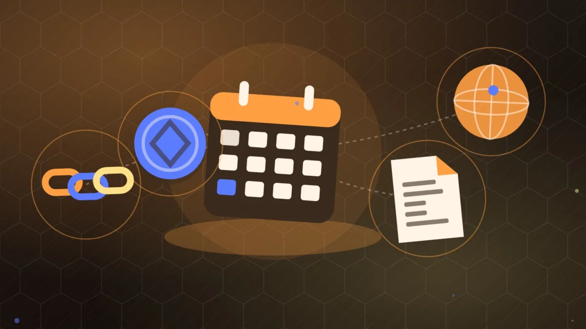 A calendar, a coin, a document and chain links around a globe