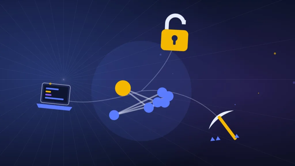 Connected network nodes around a laptop, with a padlock and a pickaxe