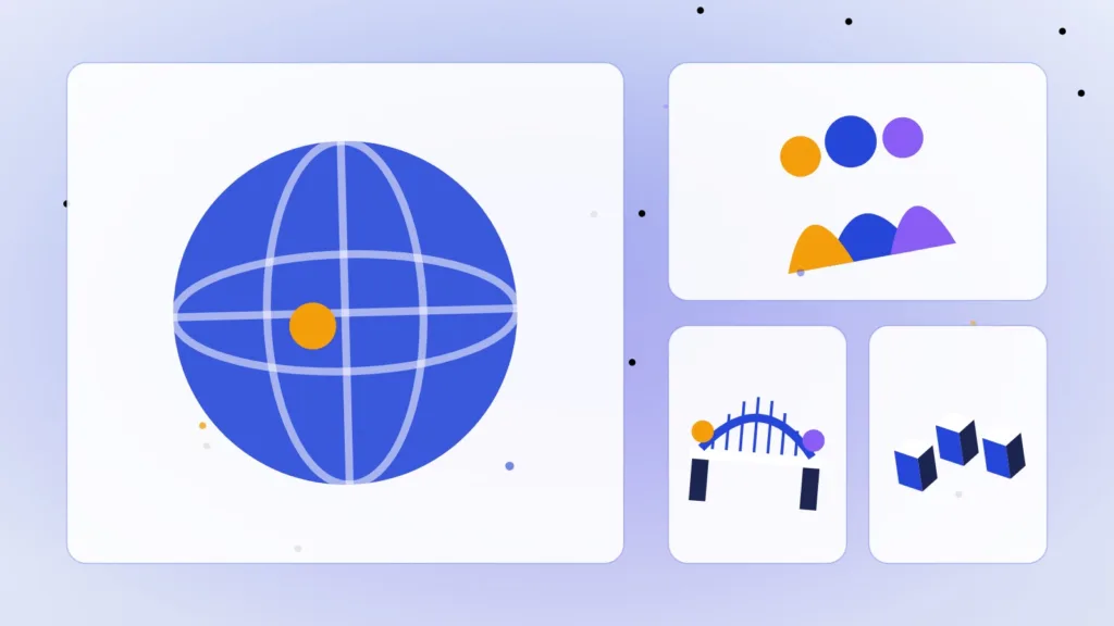 A globe, a group of people, a bridge and stacked blockchain blocks