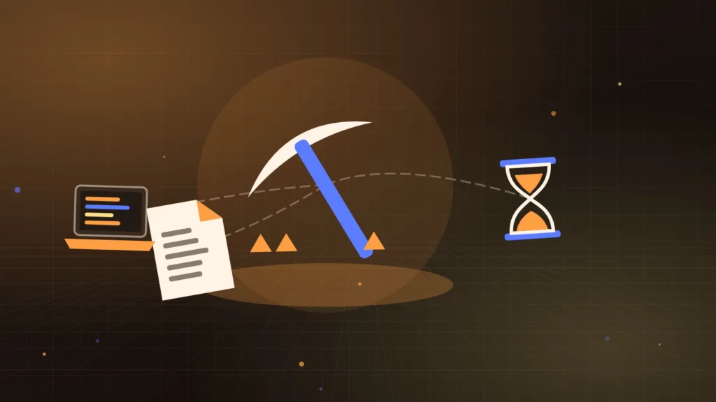 A pickaxe beside stacked documents, an hourglass and an open laptop