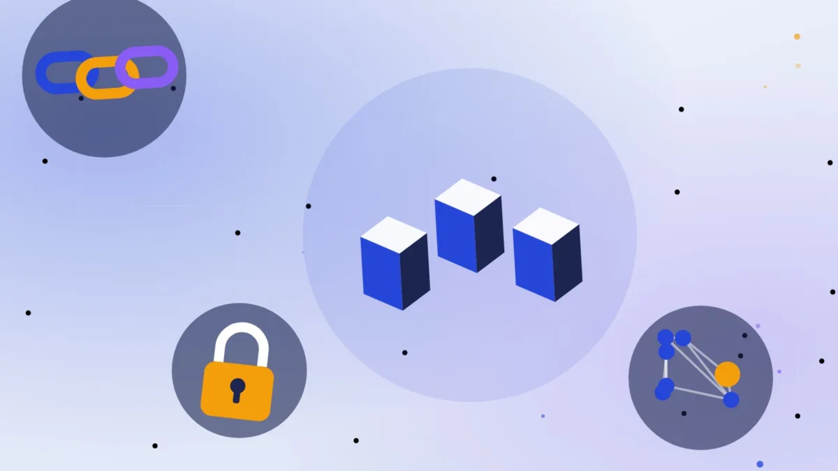 Isometric blocks joined by chain links over a network of nodes with a padlock