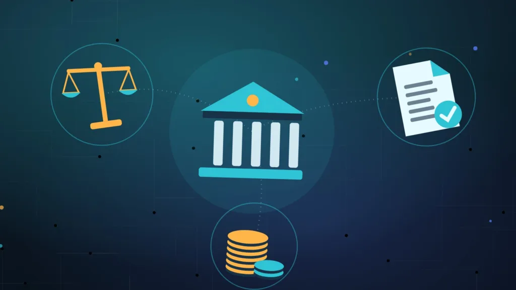 A bank beside a signed loan contract, stacks of coins and balance scales