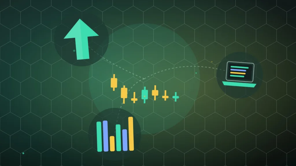 Candlestick chart and bar chart beside a laptop with a rising arrow