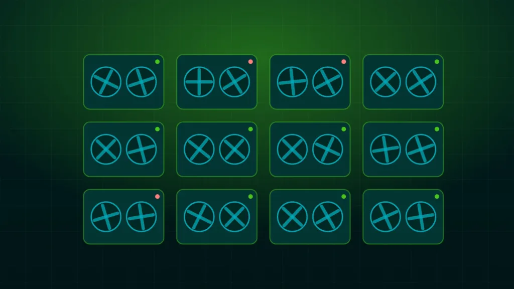Rows of teal mining machines with fans and status lights on dark green